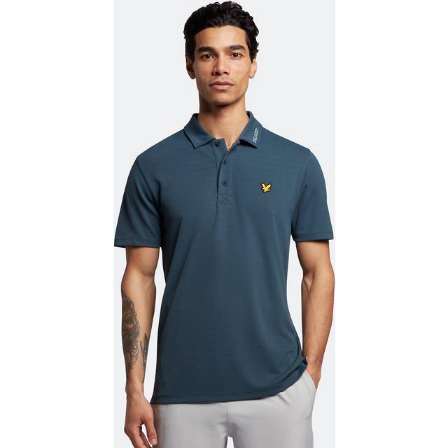 (L, Light Navy) Lyle & Scott Mens 2023 Tech Collar Logo Regular Fit Recycled Polo Shirt