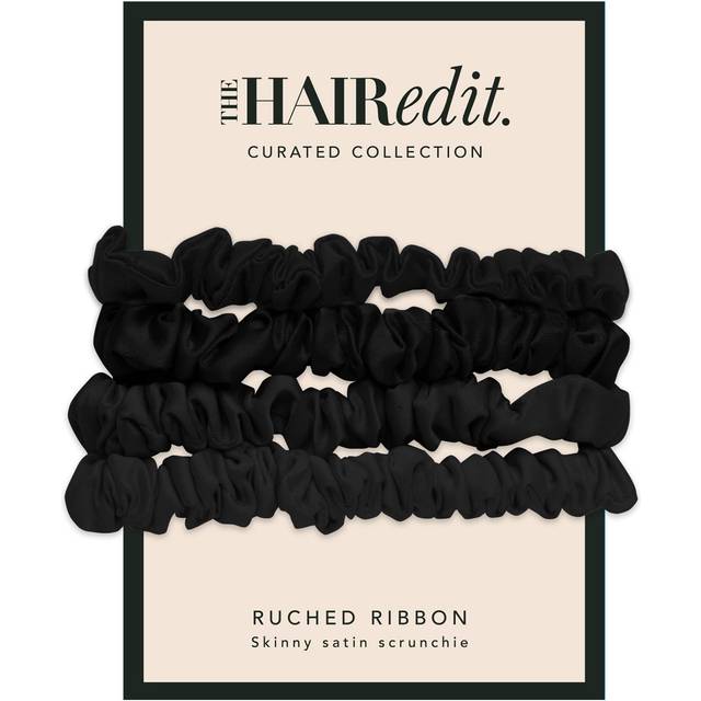 The Hair Edit Ruched Ribbon Satin Scrunchies Black