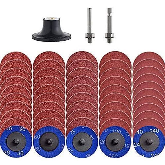 "50Pcs Mixup Roll Lock Quick Change Discs Set, 2 inch A/O Sanding Discs with 1/4"" Holder, for Die Grinder Surface Prep"