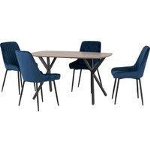 Seconique Athens Rect & Avery Dining Set - Medium Oak Effect/Sapphire Blue Velvet, Blue