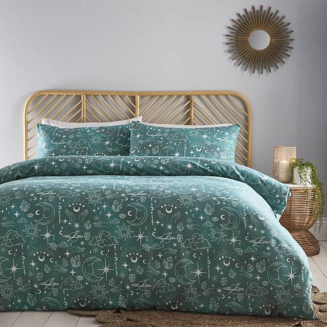 (Double, Green) Charlotte Thomas Celestial Green Duvet Cover Set Sun, Moon and Stars Bedding Dark Green Bed Lining with Pillowcases