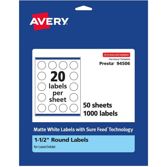 "Avery Matte White Round Labels with Sure Feed  1.5"""""""" Diameter  1 000 Matte White Printable Labels"