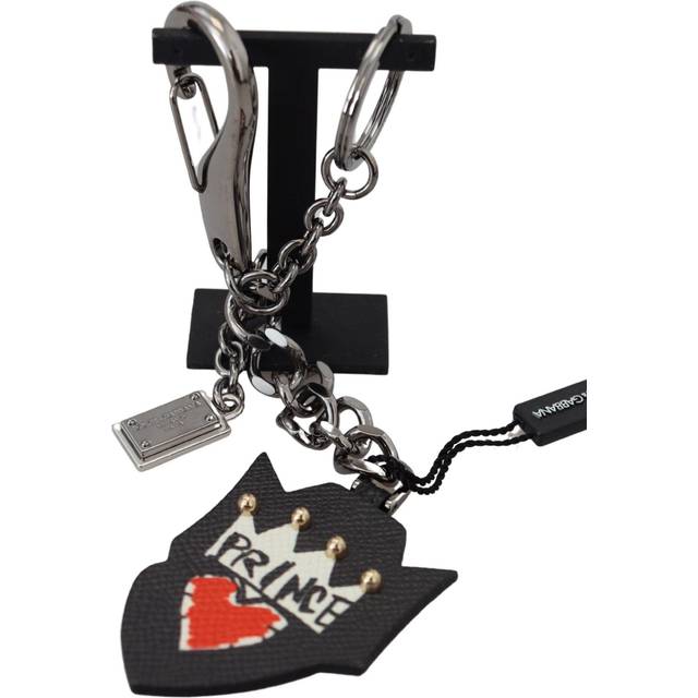 Dolce & Gabbana Black Prince Studs Logo Silver Brass Keychain - Black | Silver