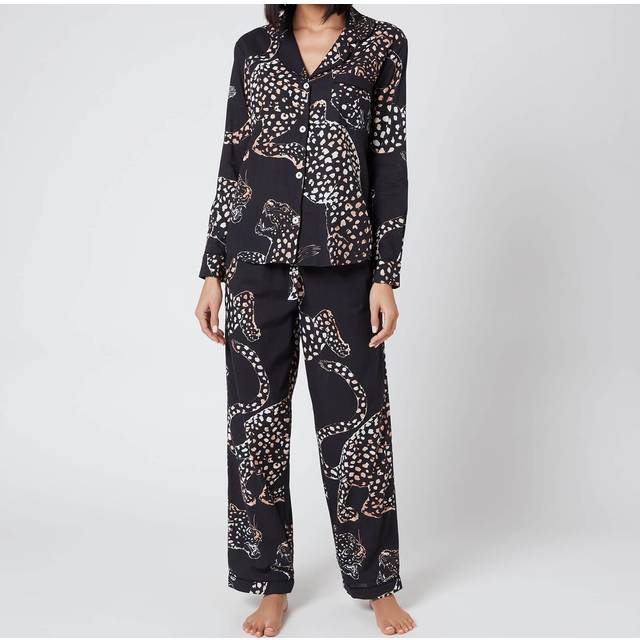 Desmond and Dempsey Womens Cream Black Printed Cotton Pyjama Set L - Cream black