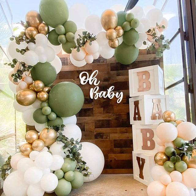 Sage Green Balloon Garland Arch Kit,152Pcs Olive Green Balloons Arch Set with White Latex Balloon Gold Metallic Latex Balloon for Boys Girls Baby Show