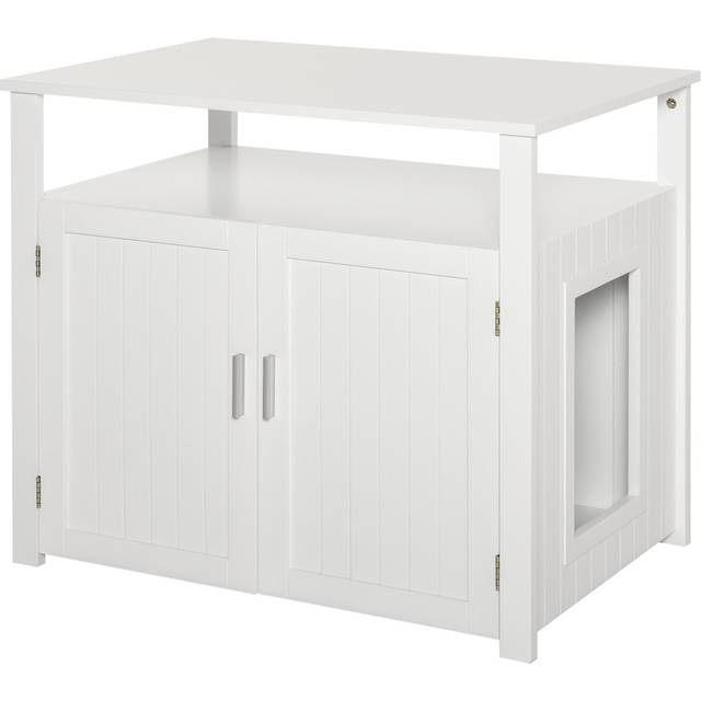 PawHut Wooden Cat Litter Box and Large Tabletop for Nightstand, White