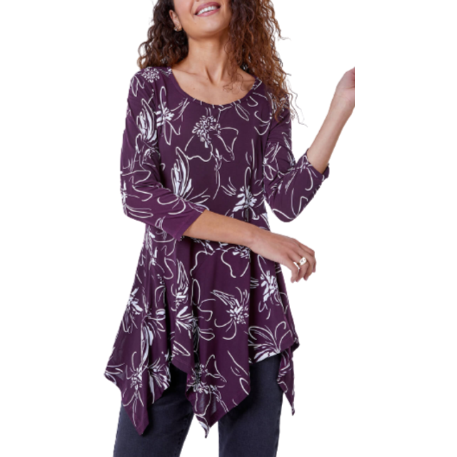 Linear Floral Print Hanky Hem Top - Plum - 12