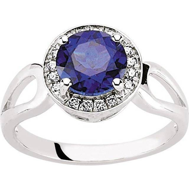 (M) Jewelco London Rhodium Plated Sterling Silver Blue and White Cubic Zirconia Halo Cluster Engagement Ring