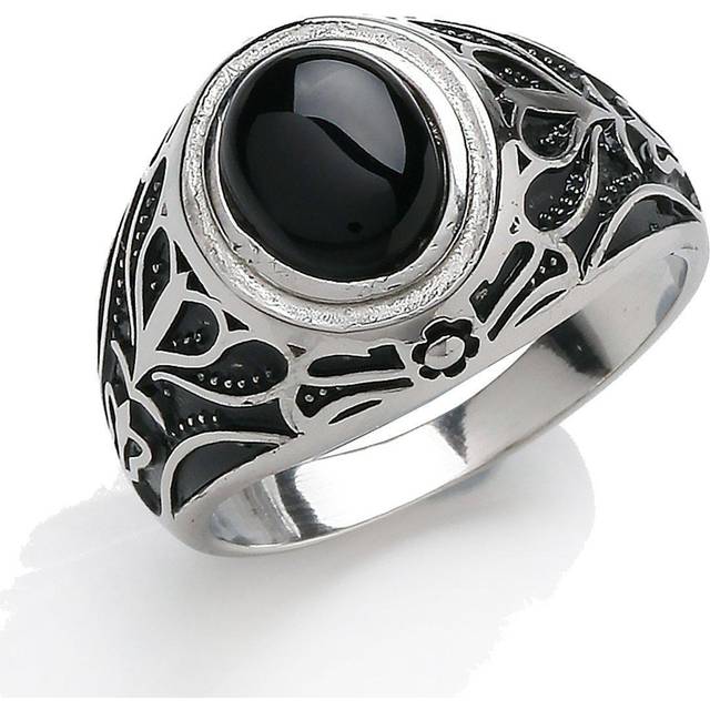 Mens silver jewelco london black oval onyx carved cabochon signet ring