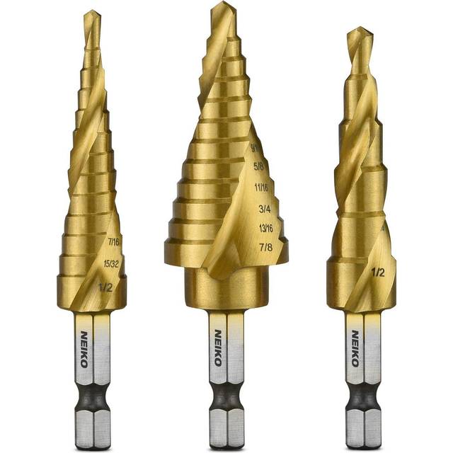NEIKO 10181A Step Drill Bit Set, 3 Piece, Spiral Grooved for Faster Drilling, Step Bits for Stainless Steel, Metal, Wood, Plastic, Unibit Cone Drill