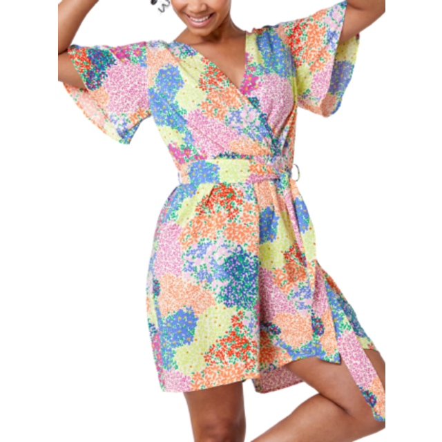 Roman Petite Ivory Ditsy Floral Belted Wrap Playsuit - Size 10