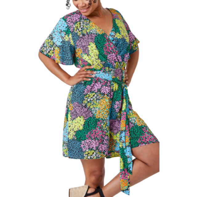 Roman Petite Black Ditsy Floral Belted Wrap Playsuit - Size 18