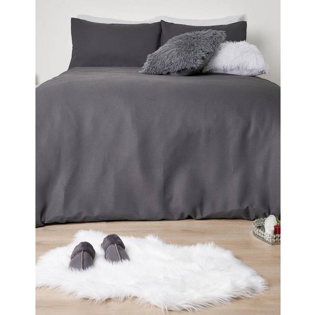 Sienna Waffle Weave Duvet Cover Set, Charcoal - Single - Grey