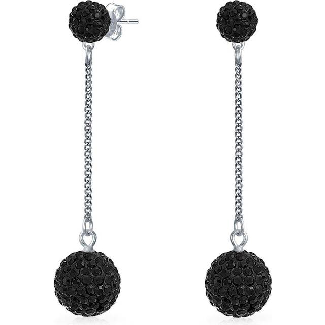 Black Crystal Pave Round Double Disco Ball Drop Linear Prom Dangle Earrings For Women .925 Sterling Silver