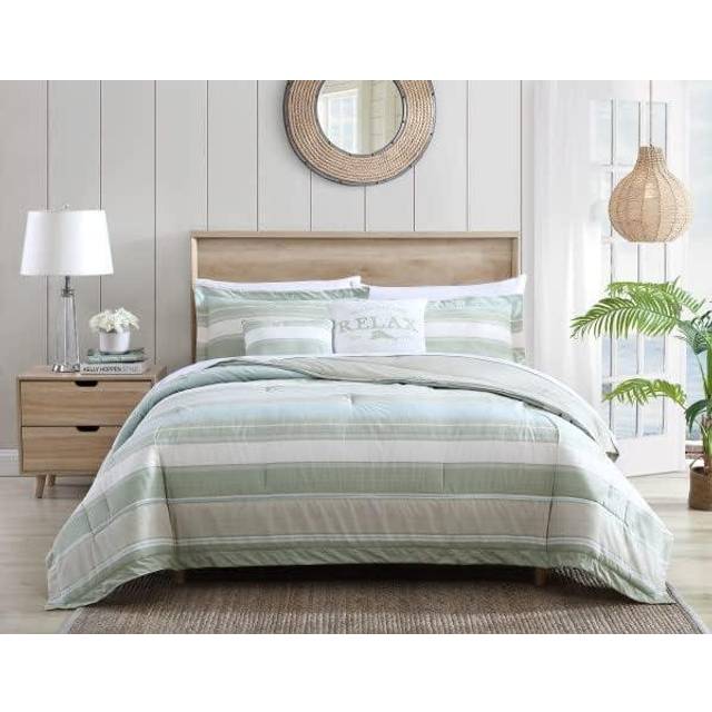 Tommy Bahama - Queen Comforter Set  Reversible Cotton Bedding with Matching Shams & Bonus Throw Pillows  All Season Home Decor (Serenity Green  Queen)