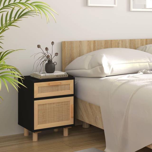 vidaXL Bedside Cabinet Black Solid Wood Pine and Natural Rattan