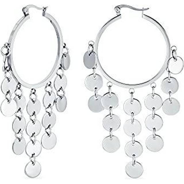 Fashion Boho Sequin Coin Dangle Big Hoop Earrings For Women Teen Silver Tone Rose Gold Plated Stainless Steel 3 Inch Dia