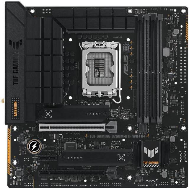 ASUS TUF Gaming B760M-BTF WiFi D4 moderkortsuttag Intel LGA 1700 (Intel B760, mATX, DDR4-minne, PCIe 5.0, 2X M.2, WiFi 6, Thunderbolt 4, Aura Sync)