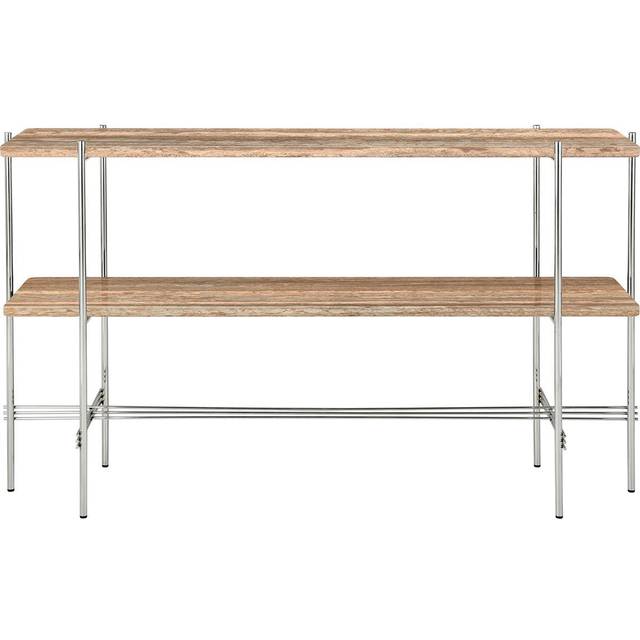 Gubi - TS Console, 120x30x72, 2 racks Polished Steel Base, Table Top Warm Taupe Travertine - Avlastningsbord - GamFratesi - Beige - Metall/Sten