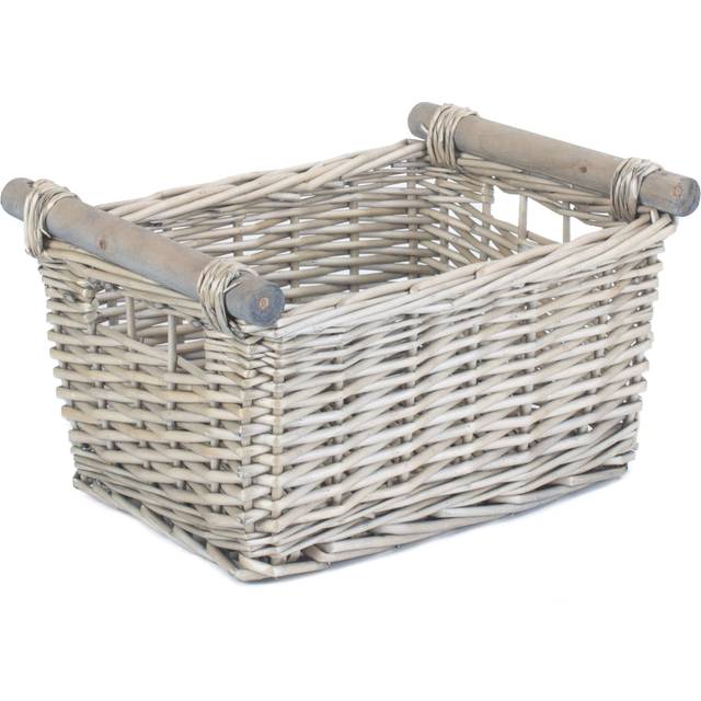 Grey Wash Wooden Handled Wicker Storage Basket - Small