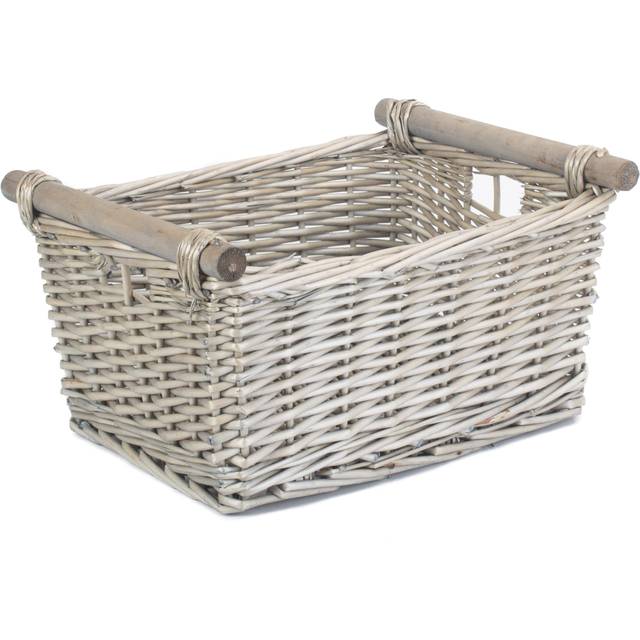 Grey Wash Wooden Handled Wicker Storage Basket - Medium