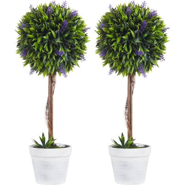 Homcom Set Of 2 Decorative Artificial Plants Ball Trees With Lavender Flowers In Pot Fake Plants For Home Decor, 60cm
