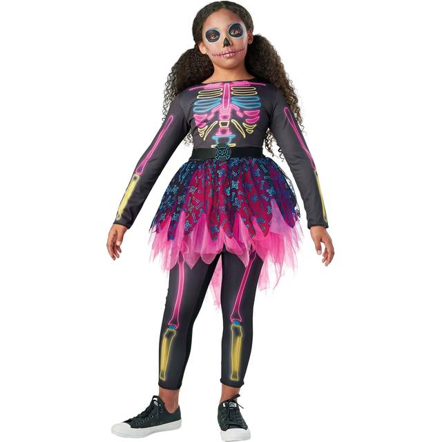 Kid's Neon Skeleton Costume Dress | Skeleton Costumes - Black&#47;Pink&#47;Blue (M)