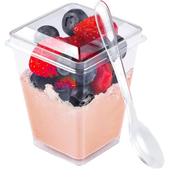 EASERCY 50 Pack 5 oz Plastic Dessert Cups with Lids Parfait / Appetizer Cups for Party Mini Dessert Cups with Spoons Clear Plastic Cups Pudding Fruit