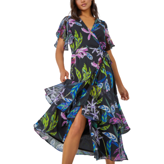 Roman Womens Tropical Print Tiered Midi Wrap Dress - Black - Size 12 UK