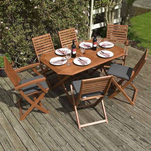 Rowlinson Garden Products Rowlinson Plumley Hardwood 6 Seater Dining Set with Cushions - With Grey Cushions