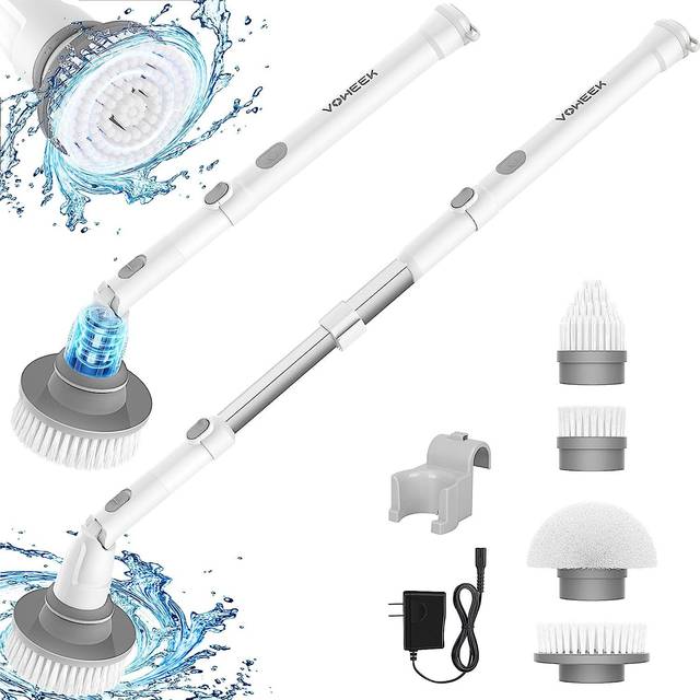Electric Spin Scrubber Voweek Cordless Cleaning Brush with Adjustable Extension Arm 4 Replaceable Cleaning Heads Power Shower Scrubber for Bathroom