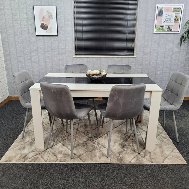 Dining Table and 6 Chairs White Black Wood 6 Velvet Grey Chairs Dining Room