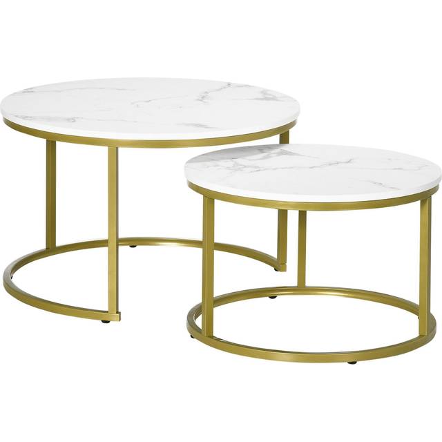HOMCOM Marble Coffee Table Set Of 2, Round Nest Of Tables For Living Room, White