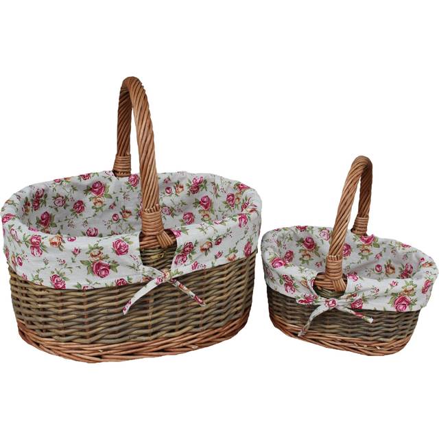 Garden Rose Cotton Lined Country Oval Wicker Shopping Baskets - Set of 2