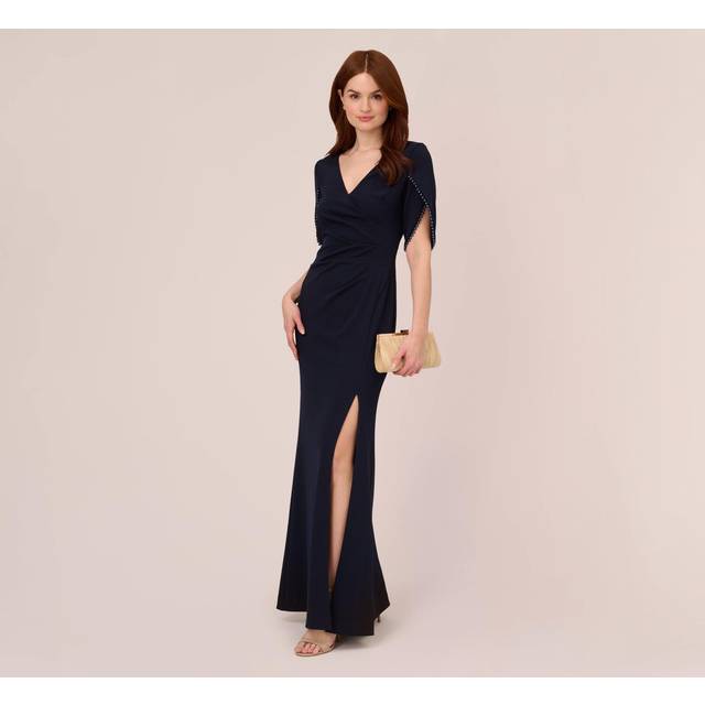 Crepe Mermaid Gown With Pearl Trim Short Sleeves In Midnight - 2