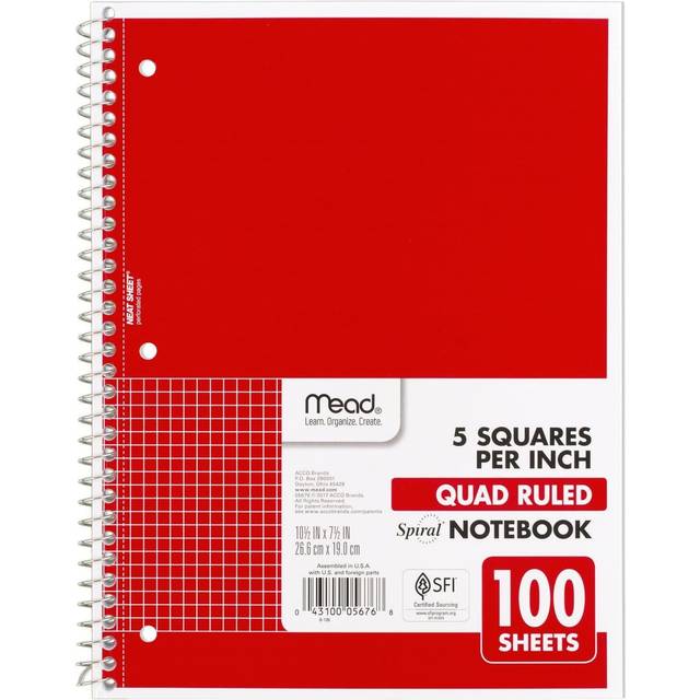 Mead Spiral Notebook  1-Subject  Graph Ruled Paper  7-1/2  x 10-1/2   100 Sheets  Red 05676AB5