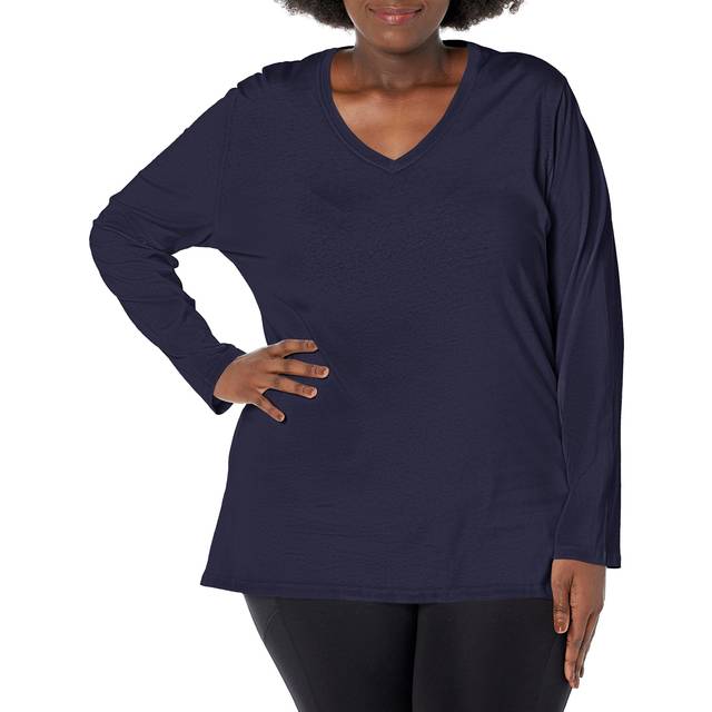 JUST MY SIZE womens Just My Size Women's Plus Size Vneck Long Sleeve Tee Shirt  Hanes Navy  3X US