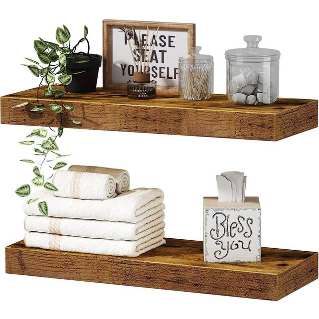 QEEIG Bathroom Floating Shelves for Wall - Shelf Over Toilet Small Wall Mounted Farmhouse Decor 16 inch Set of 2  Rustic Brown (008-40BN)