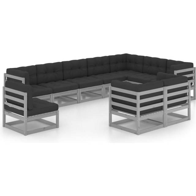 Loungegrupp med dynor 10 delar grå massiv furu