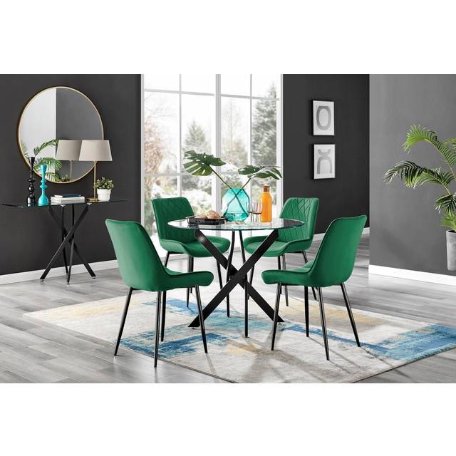 Novara Black Leg Round Glass Dining Table With 4 Pesaro Black Leg Chairs - Green