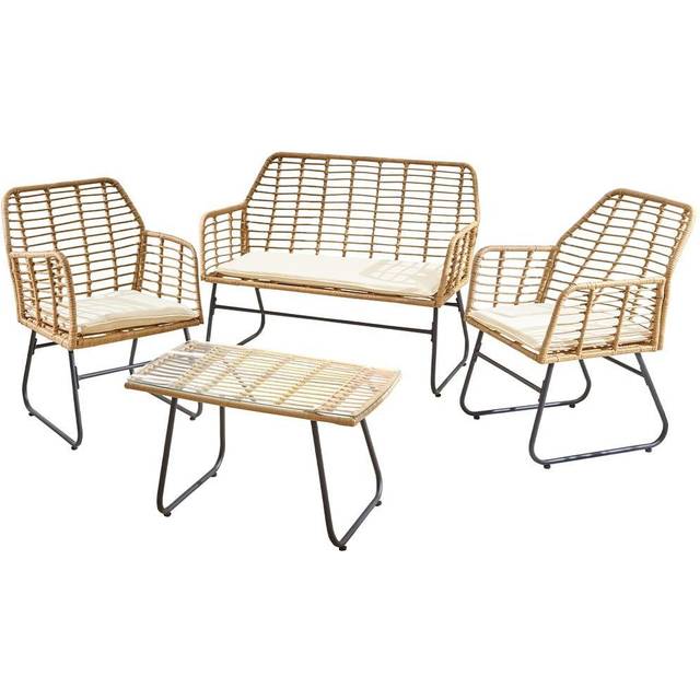 4 Piece Wicker Bamboo Style Garden Sofa, Table & Chairs Set - Natural - One Size