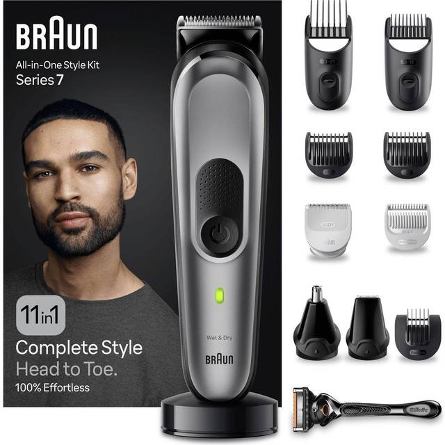 Braun All-In-One Style Kit Series 7 MGK7440, 11-in-1 Everyday Grooming Kit For Men, For Beard Trimming, Manscaping, Hair Clipping, Ear, Nose & More, With Ultra-Sharp Blade, Charging Stand & Pouch, Waterproof, Rechargeable, Black