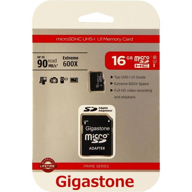 Gigastone 16 GB Micro SD-kort, kamera Plus 90 MB/s, Full HD-video, U1 C10 klass 10 Micro SDHC UHS-I-minneskort, med MicroSD till SD-adapter