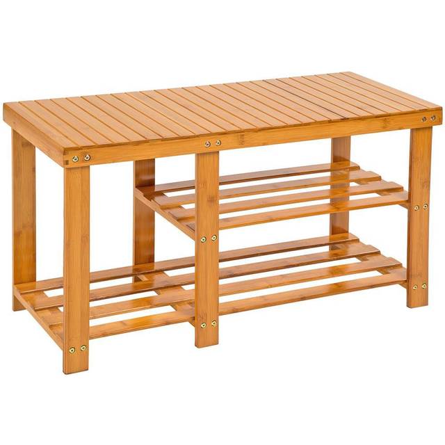 Tectake Shoe Rack Bamboo w/ Bench And Separate Compartment - Brown, Brown