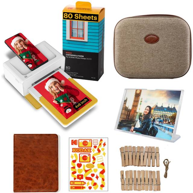 KODAK Dock Plus PD460 med 90 stycken fotopapper och tillbehör, bärbar fotoskrivare för smartphones, omedelbar fotoutskrift, 10 x 15 cm, iOS och Android, Bluetooth och dockning, gul och vit