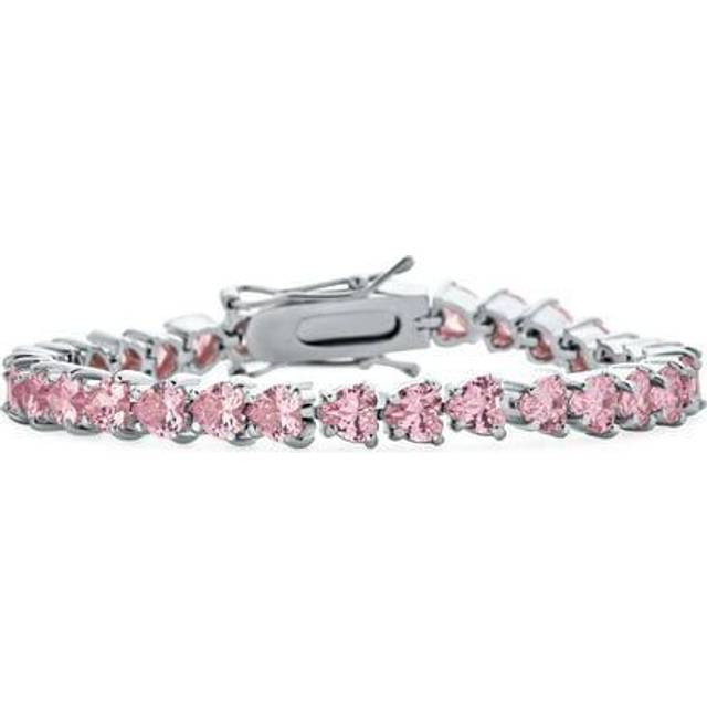 Romantic Pink 25CT Cubic Zirconia AAA CZ Tennis Bracelet Heart Shape Girlfriend Rhodium Plated Silver Brass 7 Inch Women's pink