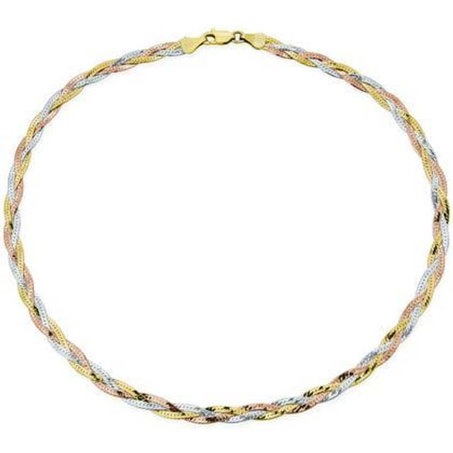 Flat Flexible 14K Yellow Rose Gold Overlay Sterling Silver 5MM Twisted 3 Tryout Tone Herringbone Braid Magic Snake Chain Choker Necklace Made in Italy