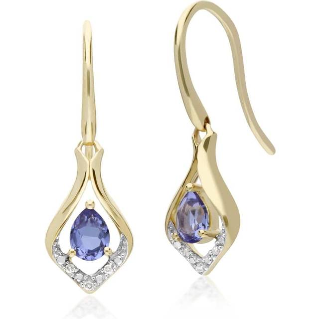 Classic Pear Tanzanite & Diamond Leaf Halo Drop Earrings in 9ct Yellow Gold