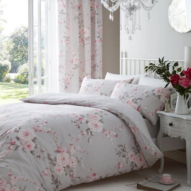 Canterbury Floral Reversible Double Duvet Cover Set with Pillowcases with Pillowcases - Grey (Double Duvet Cover + 2 Standard Pillowcase)