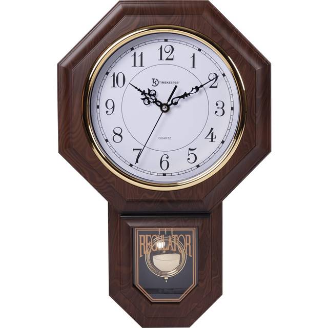 "Timekeeper Essex Faux Wood Traditional Schoolhouse Pendulum Wall Clock for Home and Office, Westminster Chime, 17.5"" x 11.25"", Walnut"